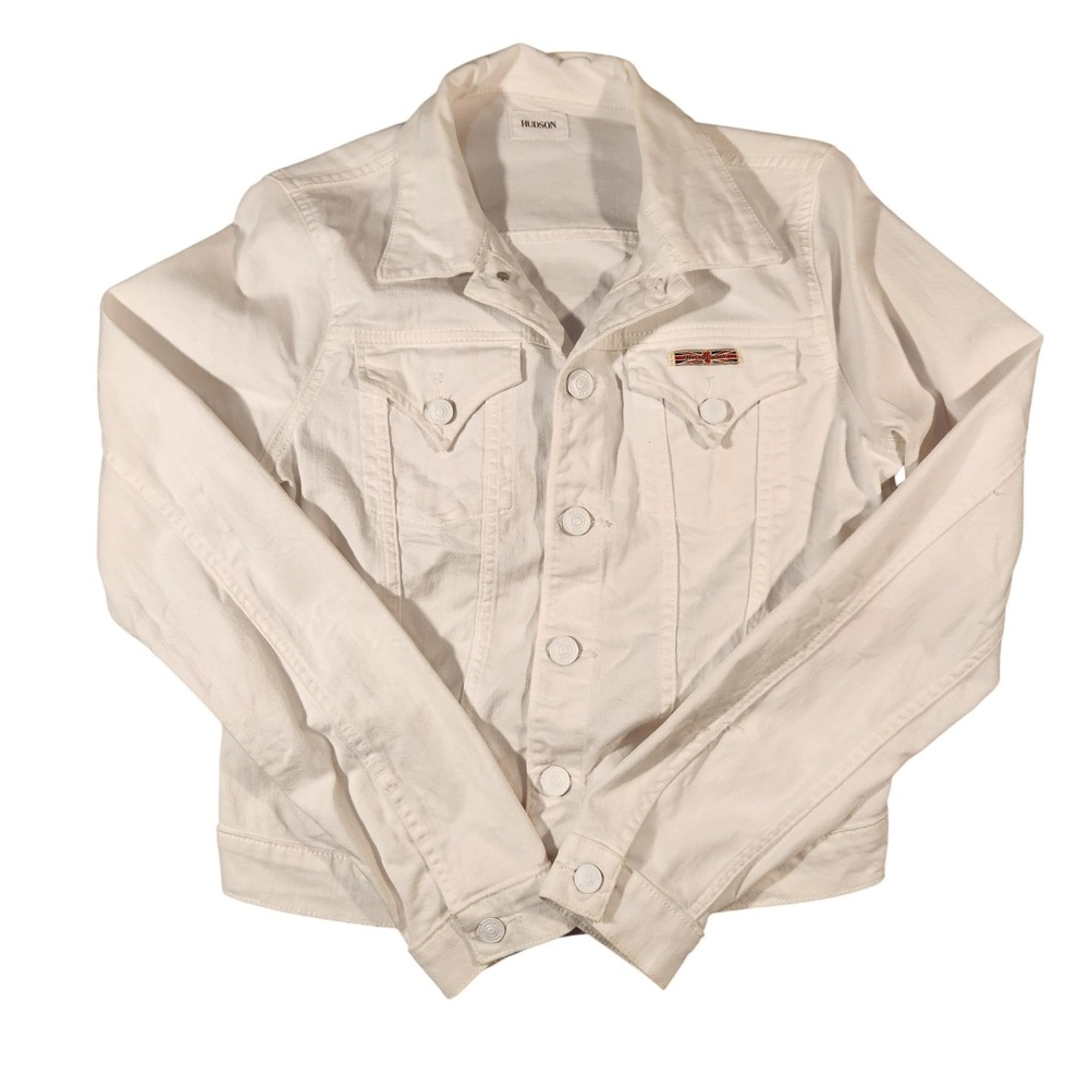Hudson Jacket Womens Small White Denim Trucker Button Front Union Jack‎ Patch